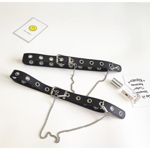 New Fashion ladies Black Punk Gothic Faux Leather Belt Metal Chain Ring Waist Waist Belts Long Belts Strap Street Dance Decor