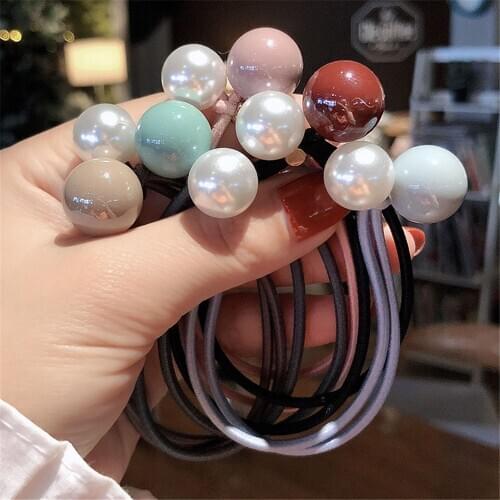 5Pcs Mixed Color Fresh Lady Hair Rope Bow High Elastic Rubber Band Cute Pearl Hair Band Hair Accessories Headdress