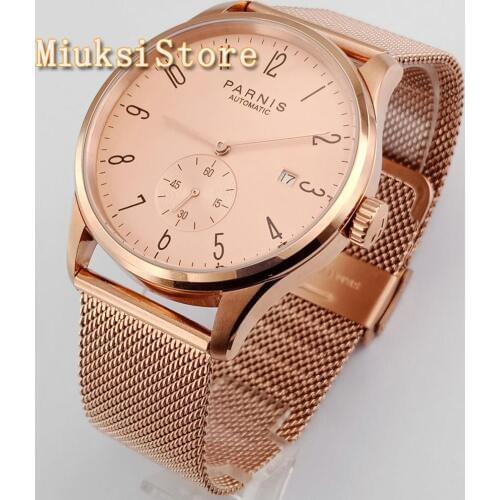 Parnis 41mm mens top luxury mechanical watch rose gold case rose gold dial date steel strap sea gull automatic movement Wrist