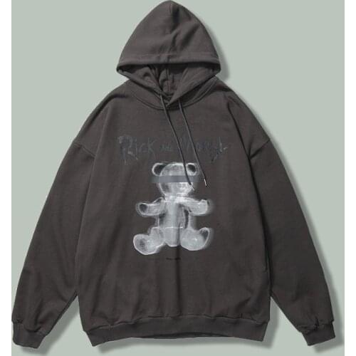 Harajuku Hip Hop Bear Print Hoodie Sweatshirt Men Japanese Streetwear Casual Letters Hooded Pullover NEW Couple Oversized Hoodie