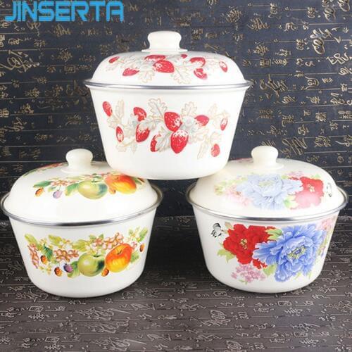 JINSERTA Vintage Enamel Bowl Dish Thickened Large Capacity Retro with High Cover Pots for Kitchen Refrigerator Food Fruit Bowl