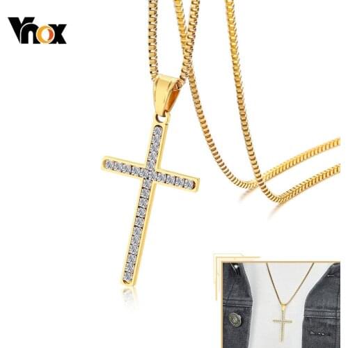Vnox Luxury Full Stone Cross Necklaces for Men Women,Gold Color Stainless Steel with AAA CZ Stone Faith Church Prayer Pendant