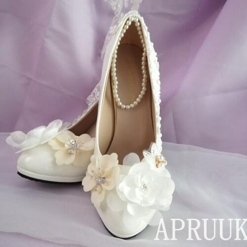 Plus size high heels platforms champagne flowers wedding shoes bride zapatos de novia handmade sweet lace ivory pearl party pump