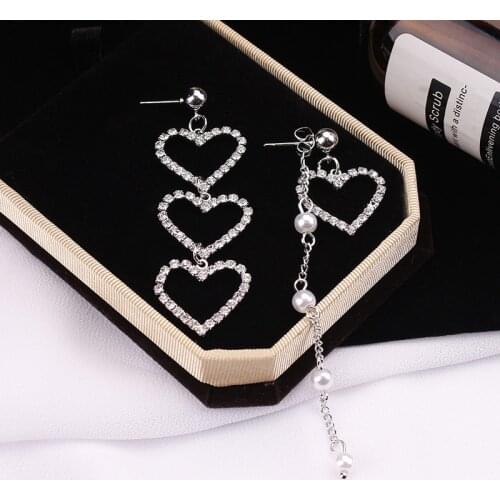 1 Pair New Korean Charm Pearl Tassel Crystal Love Heart Earrings for Women Fashion Asymmetric Drop Earring Luxury Jewelry