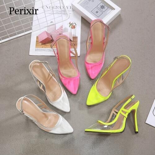 Perixir Womens Pointed Toe Stitching High Heels 2021 Spring Temperament Sandals Transparent Fluorescent Green Color Footwear