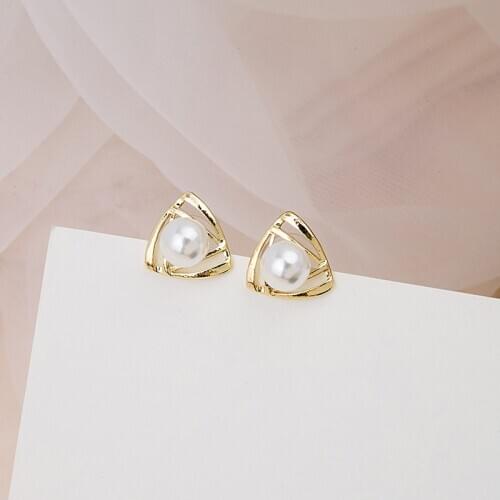 TIMEONLY Elegant Simulated Pearl Earrings for Women Gold Color Alloy Hollow Out Geometric Small Stud Earrings Wedding Jewelry