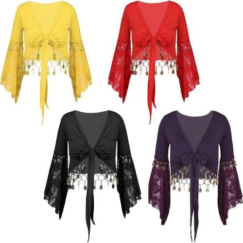 Women Belly Dance Costume Lace Patchwork Three Quarter Flare Sleeve Bead Tassel Lace-Up Shawl Indian Dancer Crop Tops Cardigan