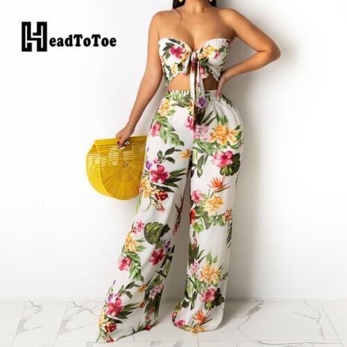 Floral Print Sexy Strapless Crop Tops & Pants Set Women Summer Two Piece Set Outfits