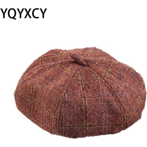 Women Wool Beret For Winter Female Cotton Hats Plaid Vintage Octagonal Hat Female Casual Boina Autumn Girl Cap Elegant Lady