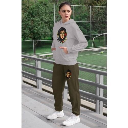 Angemiel Wear Ruhani Meksikalı Beautiful Women Tracksuit Set Gray Hooded Sweatshirt Green Sweatpants