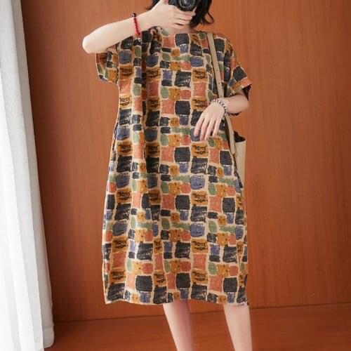 Oversized Women Cotton Linen Casual Dress New 2021 Summer Simple Style Vintage Print Loose Female Knee-length Dresses S3479