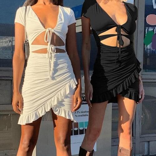 Hot Sales Bodycon Dress Hollow Out Ruffled Women Short Sleeve Deep V Dress for Beach