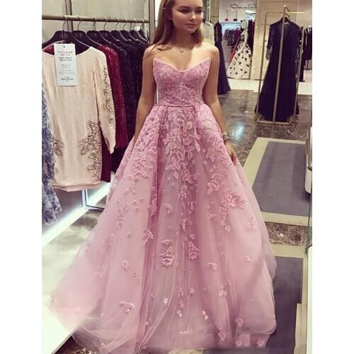 Pink Prom Dresses 2020 Women Party Night Long Vestidos De Gala Lace Appliques Evening Gowns A-Line Sleeveless Robe De Soiree