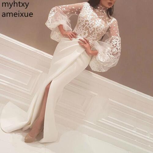 New Plus Size High Neck Long Sleeve White Evening Dresses 2020 Slit Sexy Muslim Dress Dubai Kaftan Cheap Gowns Robe De Soiree