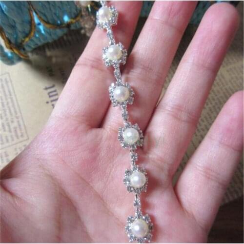 1 yard Pearl Rhinestone Crystal Chain Trim Ribbon Silver Applique Hair Accessory Bridal Sash Sewing on Wedding Dress Decoration