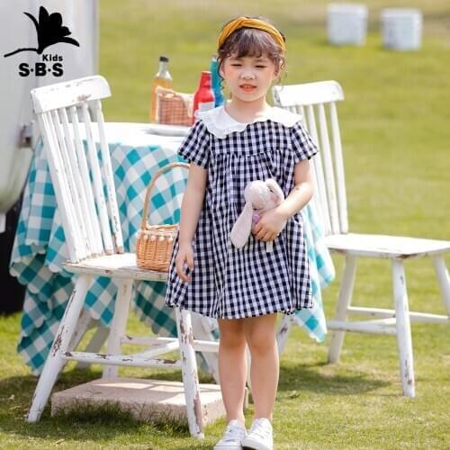 2020 Childrens Clothing Summer Plaid Printing Dress Doll Collar Cotton Short-sleeved Kids Casual Dress Kids Dresses for Girls