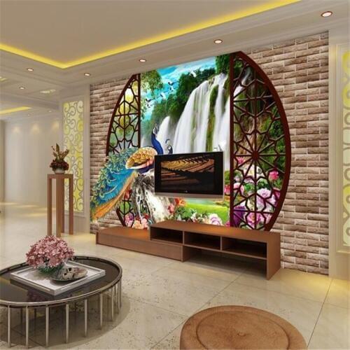 Beibehang 3d peacock waterfall views murals Europe TV backdrop brick wallpaper living room bedroom murals papel de parede