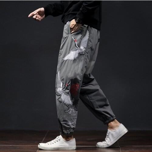 Hip Hop Trousers Men Chinese Style Casual Loose Harem Pants Crane Embroidery Loose Baggy Mens Sweatpants Plus Size Joggers 30502
