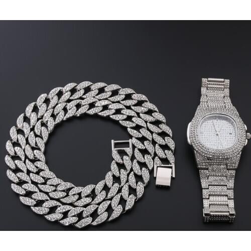 Necklace+Watch+Bracelet Hip Hop Cuban Chain Gold Color Rose Gold Iced Out Paved Rhinestones CZ Bling Men Rapper Wedding Jewelry