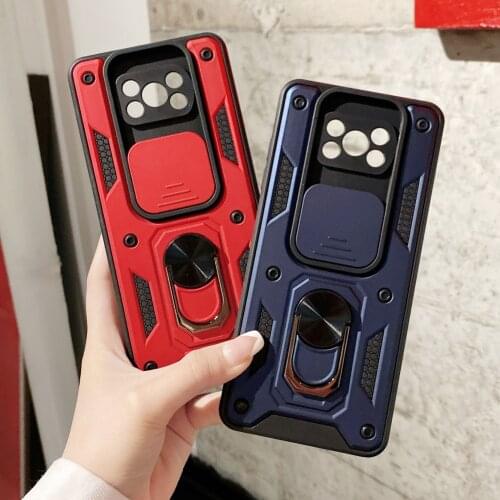 Slide Cover Camera Protection Phone Case For Xiaomi POCO X3 NFC X3 Pro Shockproof Hybrid Armor Ring Holder Hard Case