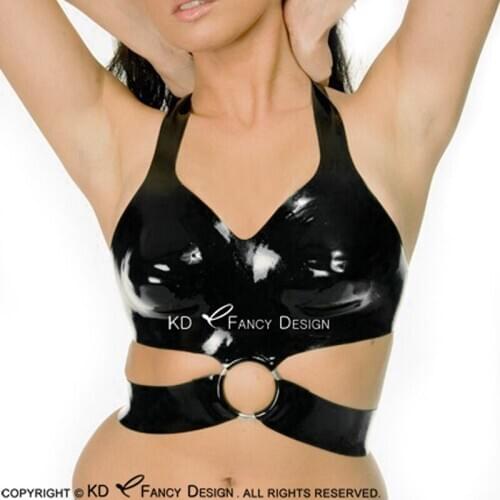 Black Sexy Latex Bra With O Ring And Belt Rubber Crop Top Lingerie BRA-0019