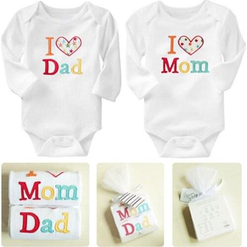 Newborn Baby Clothes Short Sleeve Jumpsuit Girl Boy Clothing I Love Dad Mom 100% Cotton Rompers de bebe Costumes White 2PCS/LOT