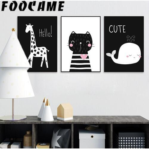 FOOCAME Whale Cat Giraffe Cartoon Animal Poster Baby Nursery Room Decor Decoration Pictures Wall Art Canvas Painting