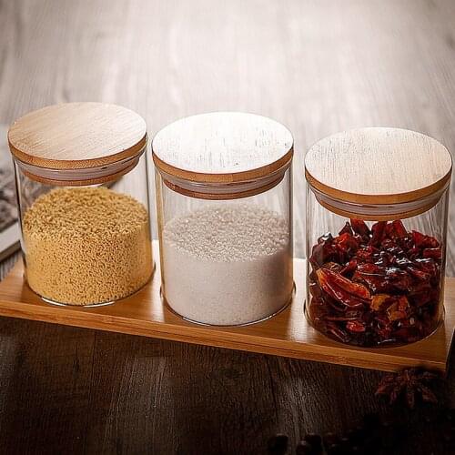3PCs/Set 350ml High Borosilicate Glass Sealed Jar Household Round Grain Storage Jar Transparent Wooden Lid Kitchen Supplies