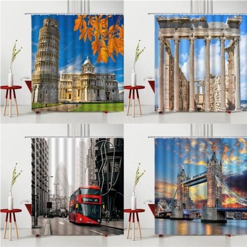 Greece Classical Building Shower Curtains Temple London Bus Street Landscape Polyester Bathroom Decor Washable Bathtub Partition