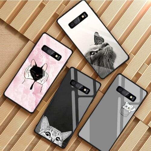 Pocket Cat Tempered Glass Phone Case For Samsung Galaxy S8 S9 S10 S20 PLUS J8 J6 J4 2018 NOTE 8 9 10 Cover Shell