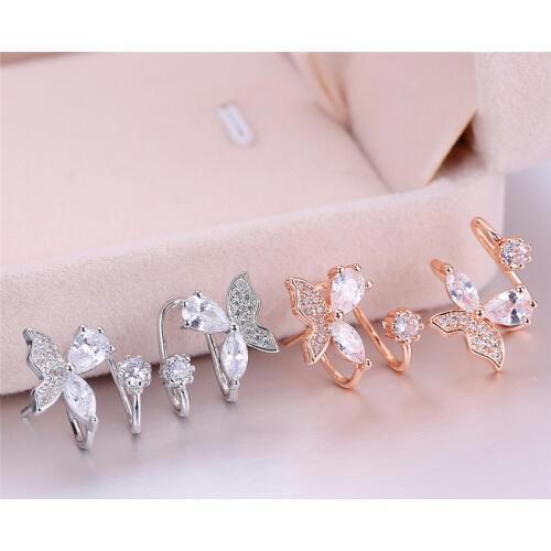 KOFSAC New Exquisite CZ Silver/Rose Gold Butterfly Ear Earring Piercing Ear Cuff S925 Earrings For Women Girls Brincos