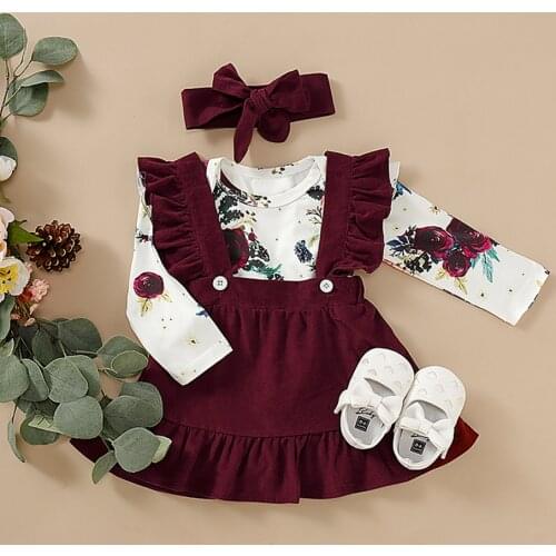 3Pcs Toddler newborn baby girl clothes autumn Long Sleeve Floral Print Romper+Suspender Skirts Outfits