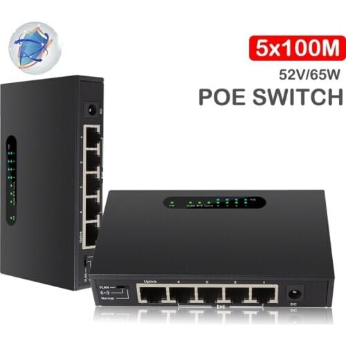 5 Port POE Ethernet Switch 10/100Mpbs VLAN 52V/65W Support Extend 250m network switchs RJ45 IEEE 802.3 af/at 4 POE Port 1 Uplink