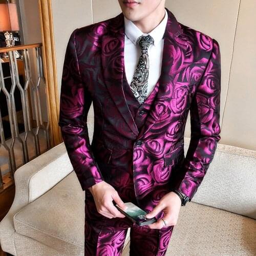 Suit men High quality printed rose suit casual tuxedo suit New jacquard mens suit plus size fashion party trend suit