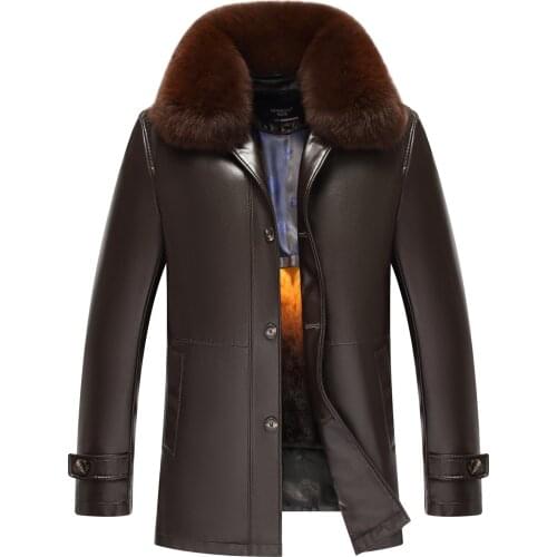 Middle aged mens detachable rabbit liner leather knick jacket, one medium long fur coat