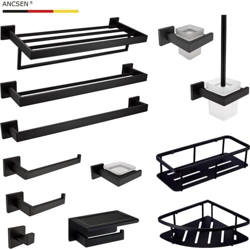 Black Quality 304 Stainless Steel Bathroom Hardware Set Towel Rack Toilet Paper Holder Soap Holder Towel Bar Triangle Basket