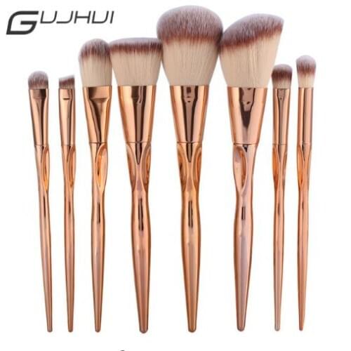 GUJHUI Pro 8pcs Metal Makeup Brushes Set Cosmetic Face Foundation Power Eyeshadow Blush Make Up Brush Kit Maquiagem Cotton Pad