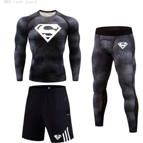 New Mens Jogging suit Fitness Men Compression Top long T shirt leggings 3-pc set MMA Compression tracksuit thermal underwear