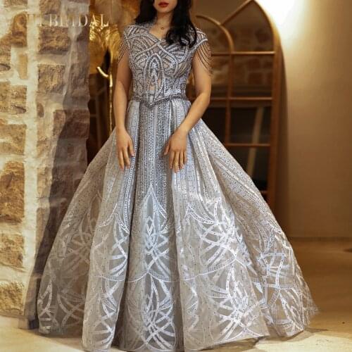 New Luxury Fashion Evening Dress Ladies Short-Sleeved Long Mopping Fringe Beaded Prom Skirt Formal Evening Dress