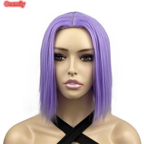 Onemily Halloween Shoulder Length Short Straight Purple Bob Wigs for Women Heat Resistant Synthetic Natural Wig