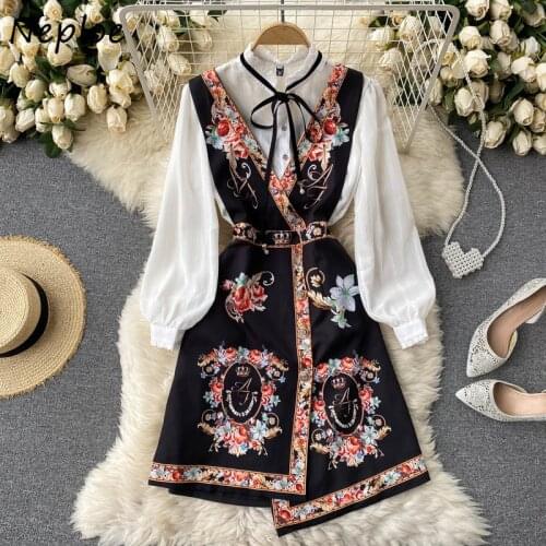 Neploe Irregular Design Ethnic Print V-neck Sleeveless Dress + Solid Color Long-sleeved Shirts Two-piece Suits Women Autumn New