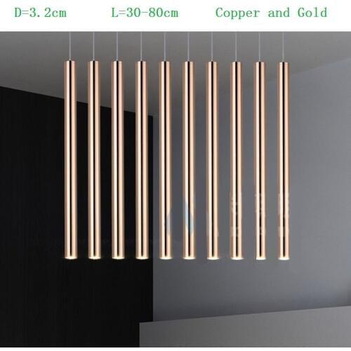 D3.2cm L 30-80cm 3w Pipe Golden Copper Tube Moderna Pendent Lighting Indoor Table Hanging Light Fixtures Lamparas Rope Lamp