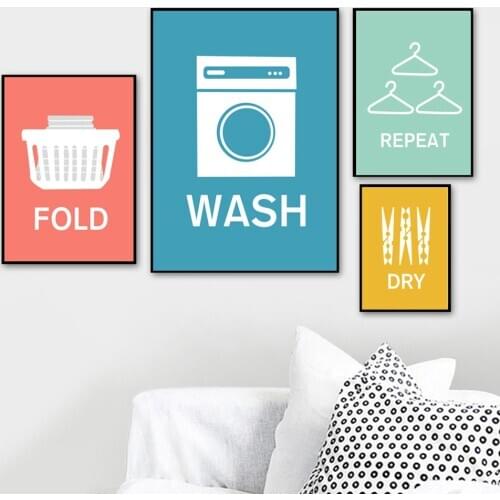 Nordic Style Laundry Poster Cartoon Wash Dry Fold Repeat Funny Canvas Painting For Wall Art Pictures Decor