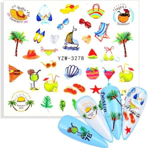 Simple Green Manicure Summer Palm Tree Letter Flower Leaf Sliders Stickers for Nails Art Decoration Water Transfer Decal Tattoos
