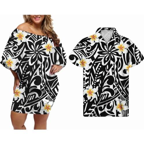 Hycool Drop Shipping Hibiscus Print Lady Sexy Club Party Dress Custom Women Plus Size Bodycon Black Dresses Match Men Shirt 2021
