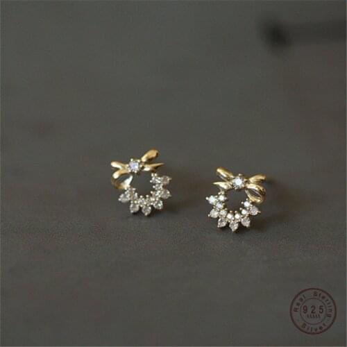 925 Sterling Silver European Creative Pavé Crystal Bow Stud Earrings Women Compact Temperament Wedding Party Jewelry