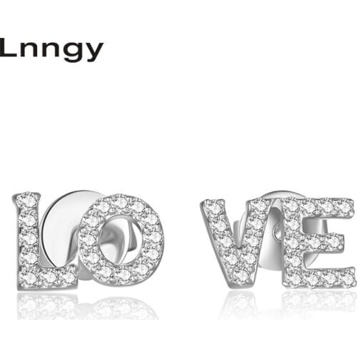 Lnngy 14K White Gold /Yellow Gold /Rose Gold Natural Diamond Earrings LOVE Letters Diamond Jewelry for Women Stud Earrings