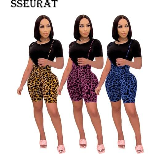 SSEURAT Leopard Two Piece Set Short Sleeve T Shirt Top Spaghetti Strap Summer Outfits for Women Sexy Club Matching Sets 2021