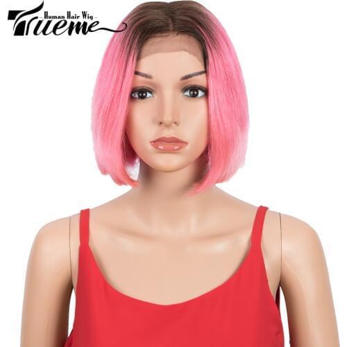 Trueme Ombre Pink Short Bob Middle Part Lace Wig Brazilian Virgin Straight Lace Front Human Hair Wigs For Women 8 Inch Red Wig