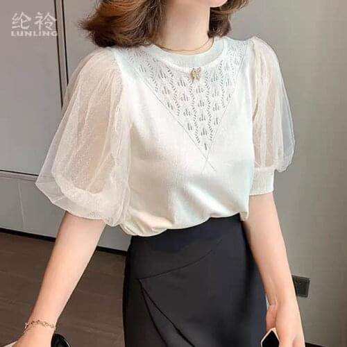 Hubble-bubble sleeve knit a female summer thin section sets loose round collar temperament ice silk white gauze han edition rend